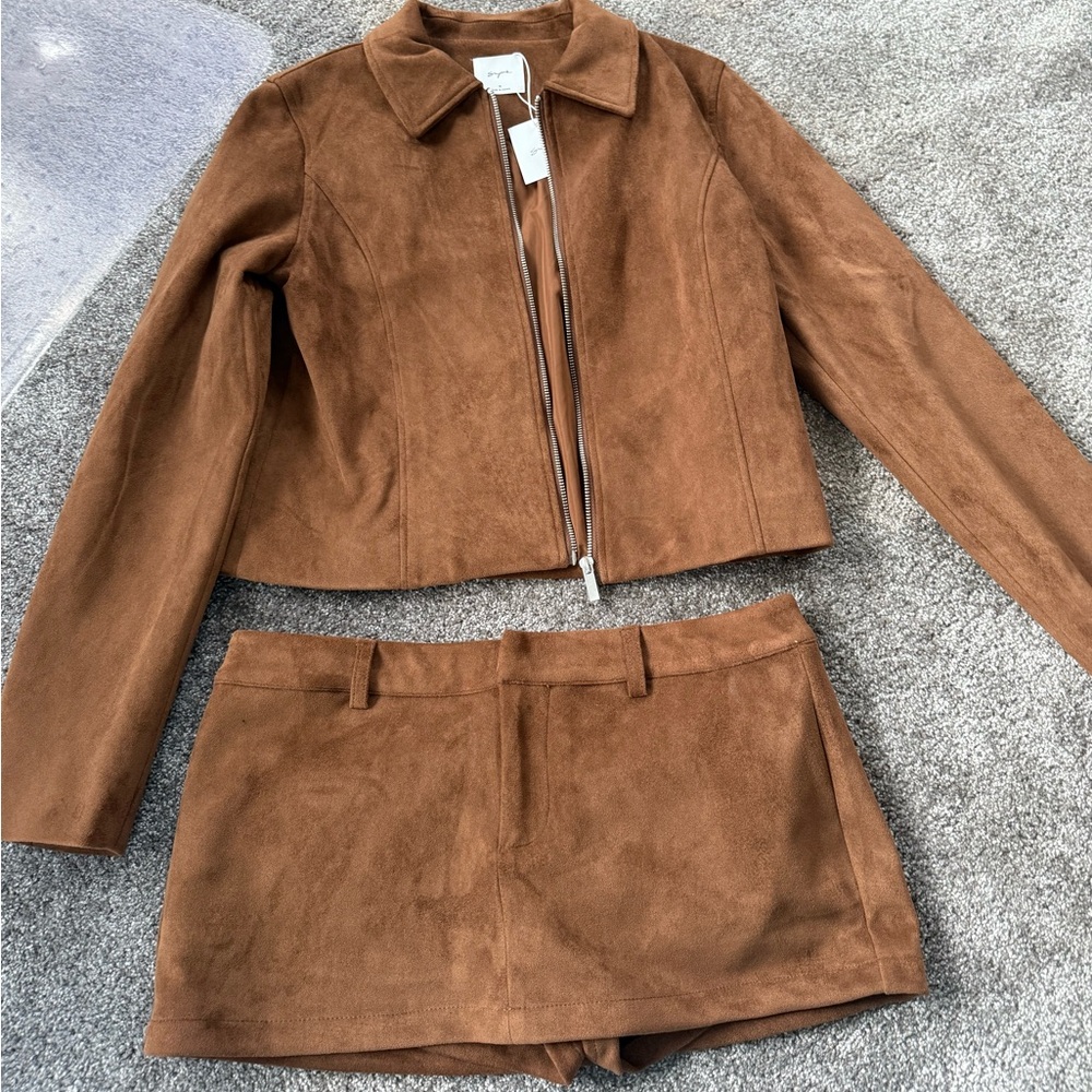 SUPRE Brown Suede Blazer and Skirt Set